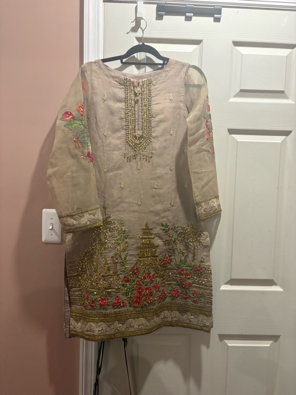 Womens Beige Embroidered Party Dress with Pink Floral Accents